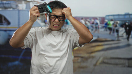 Man squints against harsh glare and grips a game controller with clenched fist on sunlit street by boat; frustration.