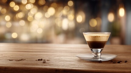 Rich espresso drink served in a glass cup on a wooden table in a cozy cafe during the evening