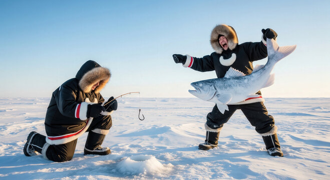 Two Inuits in traditional winter clothing ice fishing, one holding a huge fish while the other checks the hole, creating a humorous scene.