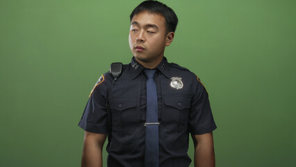 Chinese policeman standing in green studio with badge radio and tie; duty discipline vigilance...