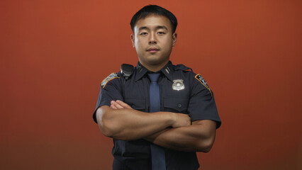 Young chinese policeman standing with arms crossed wearing radio and badge on uniform in orange...
