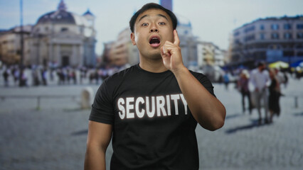 Man wearing a security shirt crosses bare arms in a sunlit street plaza with blurred crowd behind...
