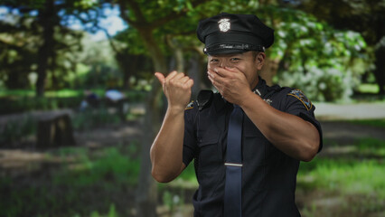 Chinese policeman covers mouth with hand and gives thumbs up while standing in sunlit green forest;...
