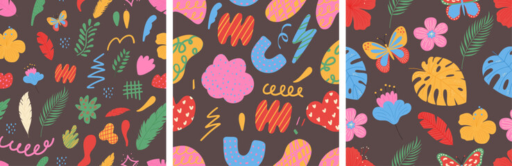 Hand drawn seamless pattern set. Collection with organic shapes, flowers and doodle elements. Trendy contemporary backgrounds © MandarinkaArt