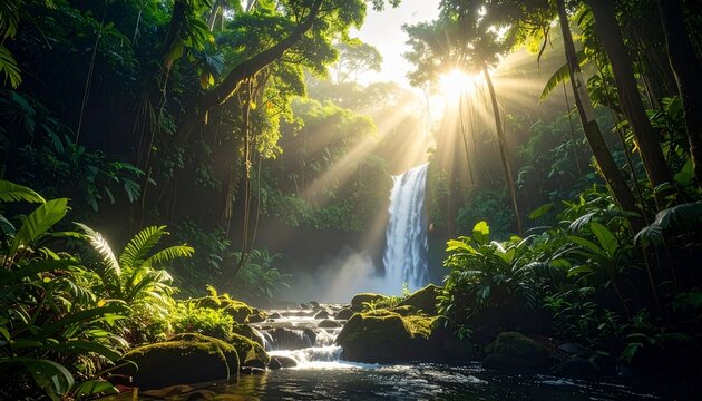 Stunning rainforest waterfall bathed in sunlight creating a serene and natural landscape