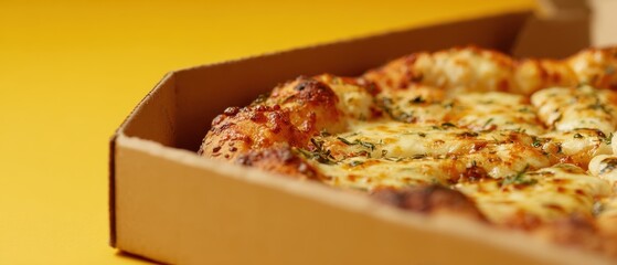 The pizza in a cardboard box with melted cheese and herb crust