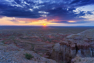 Colorful striped canyons at sunrise Mongolia