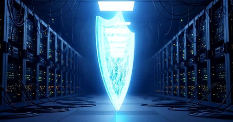 High-tech digital shield in a server room with glowing connections - Powered by Adobe