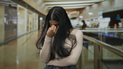 Woman with long dark hair pinches nose in building under bright overhead lights next to railing; frustration.
