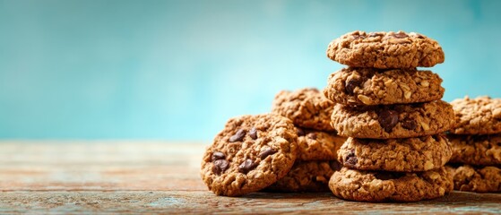 The Cookies Stack of Chocolate Chip Oatmeal Cookies on Rustic Wooden Table
