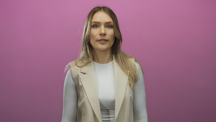 Fototapeta premium Woman gesturing on pink isolated background expressing surprise with blonde hair and beige outfit showing various emotions in a studio setting.