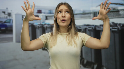 Woman expressing surprise with eyes closed and hands near face on city street with trash bins in...