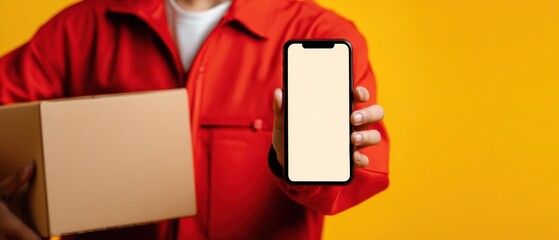 The delivery driver showing smartphone with blank screen and cardboard package