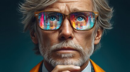 Retro man engages with 3D medical holograms using advanced virtual reality technology in a vibrant clinic setting