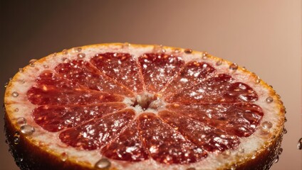 A close-up shot of a halved, juicy citrus fruit with water droplets, against a brown backdrop
