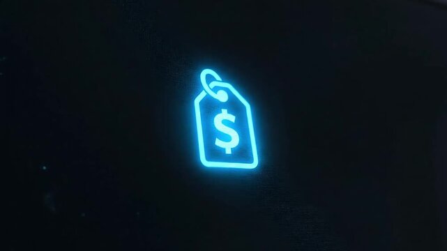 Dynamic neon price tag icon flashes brightly on dark screen, signifying sales and commerce in a modern digital world - Powered by Adobe