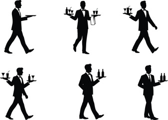 Waiter silhouettes serving, tray carrying, formal attire, hospitality staff, restaurant service, drink delivery, bow tie, professional gesture, dining, catering