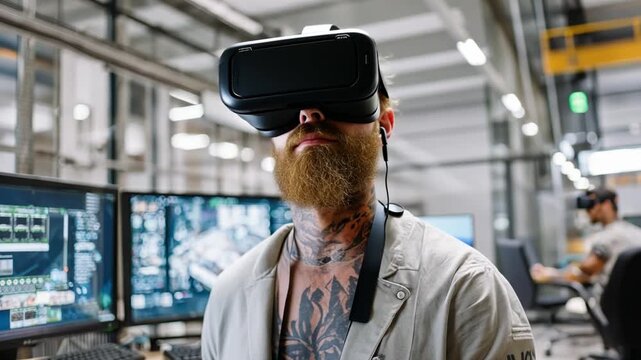 Evolutionary Behaviour, employees in VR lab simulating future workplace evolutionary behaviours, cutting-edge visuals.