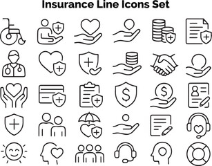 : Outline icons showing fintech, startup, cyber, and digital insurance services
