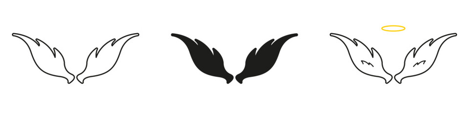 Angel Wings With Halo Line And Solid Icon Set. Spirituality, Protection, And Guardian Symbol Outline And Silhouette Symbol Collection. Celestial And Divine Concept. Isolated Vector Illustration