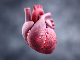 3D animation of a human heart beating with glowing arteries and veins in a medical visualization setting showing high detail and a clean background