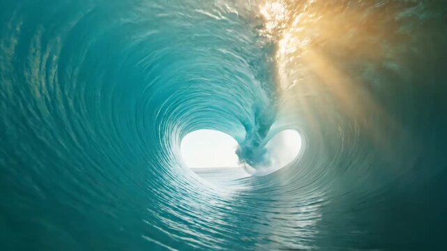 Blue ocean wave forming a heart shape with bright sun rays for nature, travel, environment concept. Summer vacation footage.