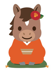 椿の飾りをつけた着物姿の馬のキャラクター 正月用イラスト