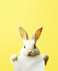 Obraz premium Cute White Easter Bunny Holding a Blank Sign