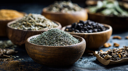 taste. Artisanal collection of dried herbs and spices in wooden bowls, emphasizing natural culinary ingredients. menu design.
