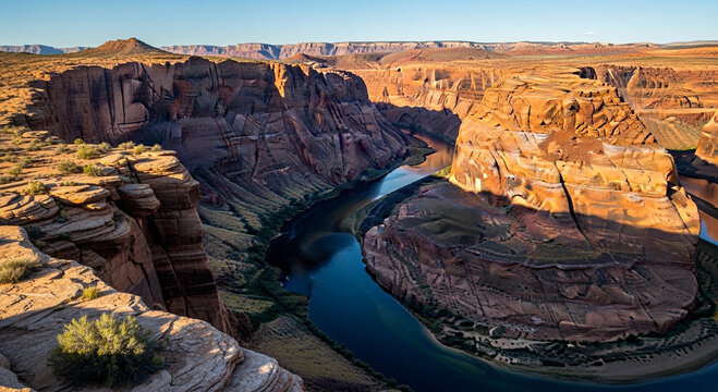 Panoramic view of horseshoe bend in page, arizona, showcasing the colorado rivers dramatic curve and canyon landscape under a clear sky
