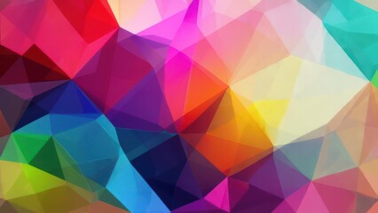 A colorful, abstract geometric design composed of overlapping translucent polygonal shapes