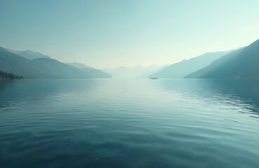 Fototapeta premium Calm lake water reflects distant mountains. Serene landscape with blue sky, clouds. Peaceful atmosphere, stillness, natural beauty. Tranquil scene with ripples on lake surface. Mountains visible in