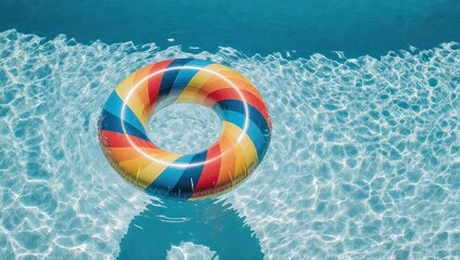 A colorful inflatable ring floats in shimmering blue water of a pool on a bright sunny day