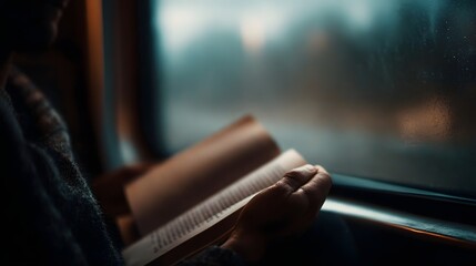 Person reading an open book near a window with a blurred atmospheric background suggesting travel