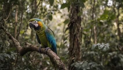 Obraz premium A colorful macaw perched on a branch in a lush, green forest, observing surroundings intently