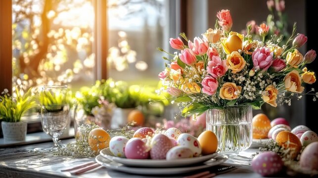 Springtime Easter Table Setting with Flowers