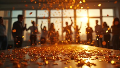 Plakat Golden confetti falls on table as silhouettes of people celebrate indoors near window with sunlight. Colleagues rejoice during office party or corporate event, happy mood.
