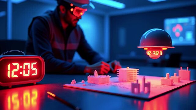 Tech worker inspects a neon-lit scale-model city under red and blue lighting, clock glowing. In lab