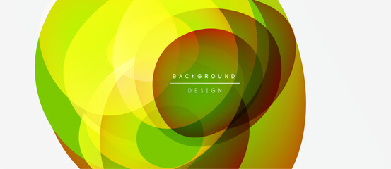 Fototapeta premium Abstract vibrant layers create dynamic circular design. Green, yellow, orange hues blend, forming modern background. Text reads background design.