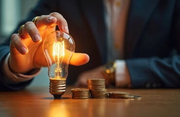Man in suit holds glowing light bulb. Stacks of coins are on table. Concept of saving money and financial growth. Businessman with idea for investment and savings. Coins and light bulb on wooden desk.