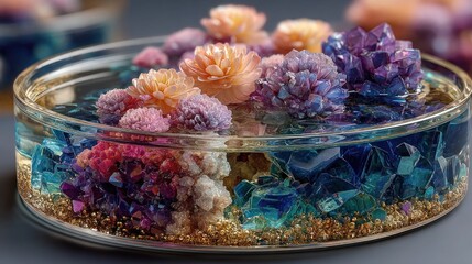 Fantasy-style mineral garden with blooming formations. Concept of bio-crystallization, blending botany and geology in a surreal setting.