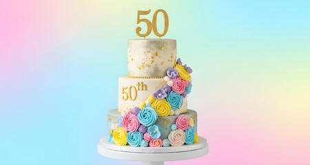 Luxury three-tier 50th birthday cake with colorful flower cascade