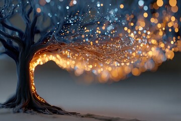 Digital neural tree glowing with energy. Concept of artificial intelligence growth and organic data connection through illuminated neural pathways.