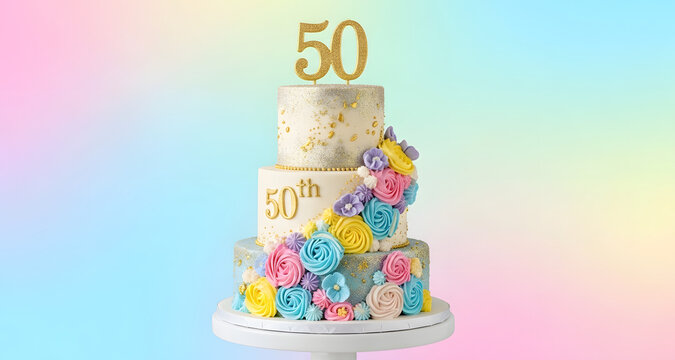 Luxury three-tier 50th birthday cake with colorful flower cascade - Powered by Adobe