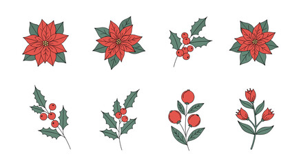 A collection of festive poinsettia and berry branch illustrations.