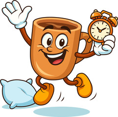 Vector illustration of a smiling coffee cup character holding an alarm clock and jumping from a pillow. Symbol of morning energy, wake up time, and cheerful start of the day.