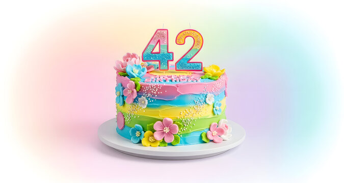 Colorful 42nd Birthday Cake with Number Candle and Flowers