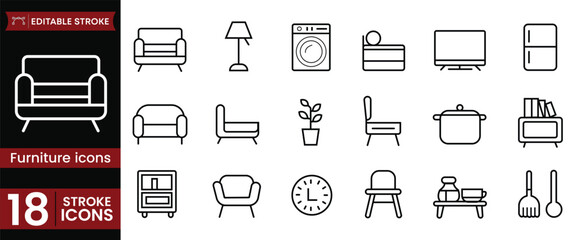 18 Furniture Line Icons Set | Home Appliance and Interior Outline Vector | Minimal Stroke Style Household Icons
