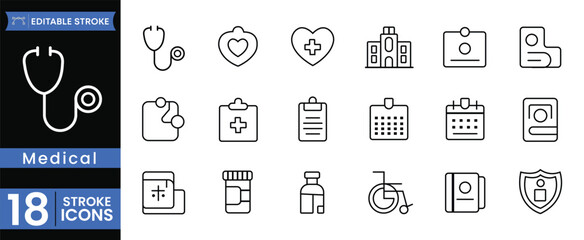 18 Medical Line Icons Set | Healthcare and Hospital Outline Vector | Medicine, Doctor, and Health Stroke Style Symbols
