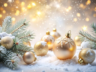 A closeup of festive golden christmas ornaments and pine branches dusted with snow
